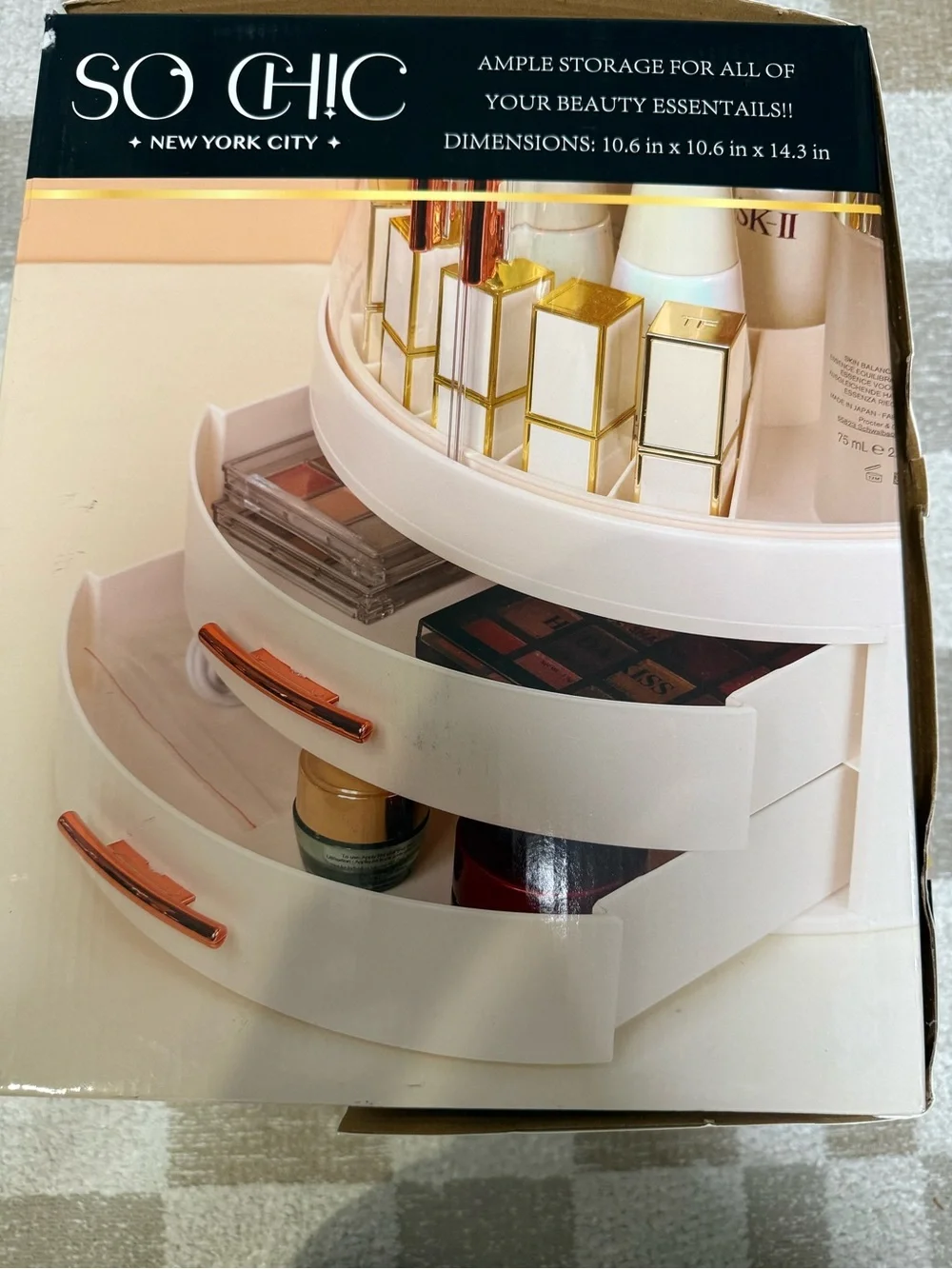NIB SO CHIC White & Rose Gold Beauty Organizer with LED Mirror